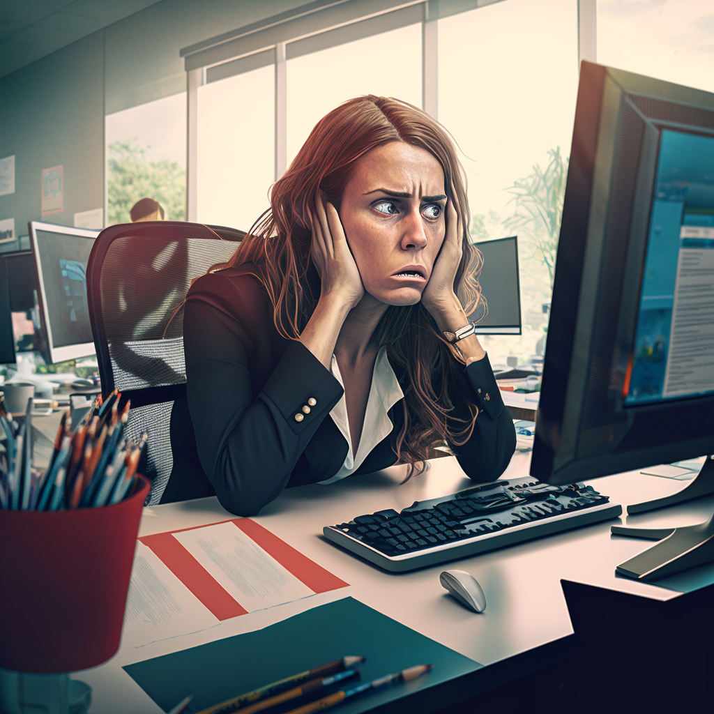 A business woman on social media on her computer at her business desk looking stressed and worried